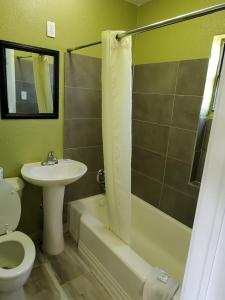 a bathroom with a sink and a toilet and a shower at Travel Inn Daytona in Daytona Beach