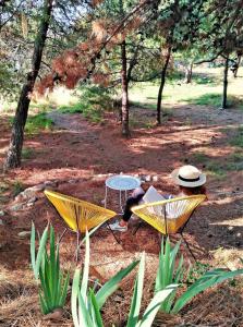 a person sitting at a table reading a book at Quercus Apartment in Stara Baška