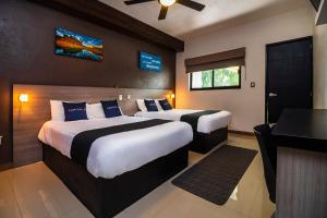 オアステペックにあるCollection O Hotel Mango,Six Flags Hurricane Harbor Oaxtepecのベッド2台とデスクが備わるホテルルームです。