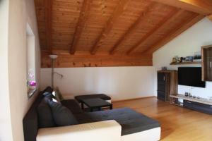 uma sala de estar com um sofá e uma televisão em Farnreit em Brixen im Thale