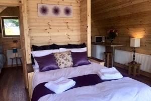 um quarto com 2 camas num chalé de madeira em Tollymore Luxury Log Cabin em Kilcoo