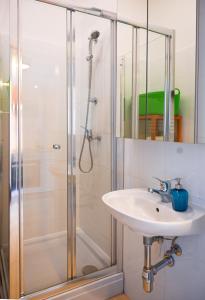 een badkamer met een douche en een wastafel bij Bright Apartment Augarten in Wenen
