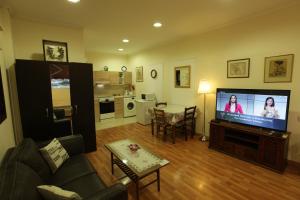 uma sala de estar com um sofá, uma televisão e uma mesa em Nicosia Luxury Studio em Nicósia