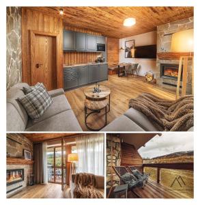 a kitchen and a living room with a fireplace at Apartment Claudie de Luxe in Demanovska Dolina