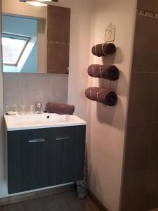 a bathroom with a sink and a towel rack at B&B 't Hemelbedje in Nieuwpoort