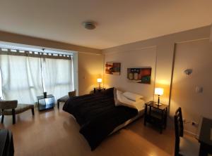 - une chambre avec un lit et un salon dans l'établissement Hermoso departamento en la mejor zona de Bariloche, à San Carlos de Bariloche