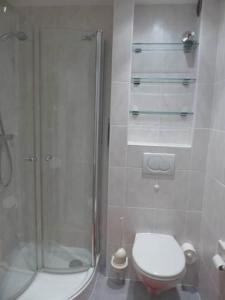 a white bathroom with a shower and a toilet at Inselzauber in Wyk auf Föhr