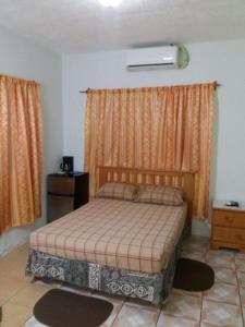 a bedroom with a bed and two windows with curtains at Beverley's Guest House, Nevis in Nevis