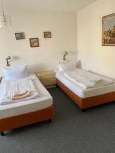 two beds in a hotel room with at Hotel Seehaus in Horn-Bad Meinberg