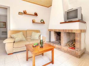 ein Wohnzimmer mit einem Sofa und einem Kamin in der Unterkunft Apartment La Rectoria II by Interhome in La Vall de Santa Creu