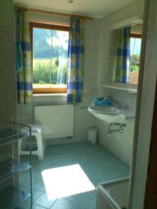 ein Bad mit einem Waschbecken und einem Spiegel in der Unterkunft Landhaus Sabine in Zellberg