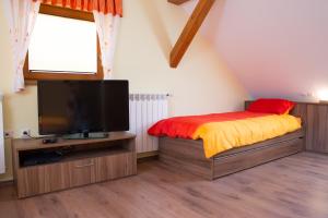 Schlafzimmer mit einem Bett und einem Flachbild-TV in der Unterkunft Charming countryside house in Lome