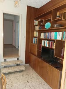 a living room with a tv and bookshelves at Kakopetria Heights in Kakopetria