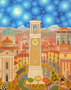 una pintura de una torre de reloj en una ciudad en MAVI'S HOME en Chiari