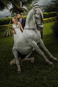 a bride and groom standing next to a horse at Finca Hotel el Diamante in Calarcá