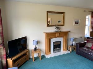 un salon avec une cheminée et une télévision dans l'établissement Cairngorm Cottage, à Aviemore
