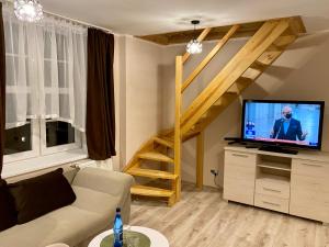 Televízia a/alebo spoločenská miestnosť v ubytovaní Apartamenty W Brzozowym Gaju