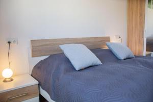 a bed with two blue pillows on top of it at Haus-Meeresglueck-Wohnung-Seemoewe in Dahme