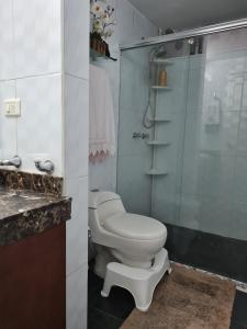 a bathroom with a toilet and a glass shower at Tu Hogar cerca a la zona T in Bogotá