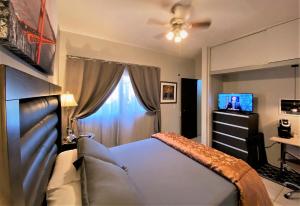 a bedroom with a bed and a tv and a couch at Dickinson Guest House, Guadalajara Expo in Guadalajara