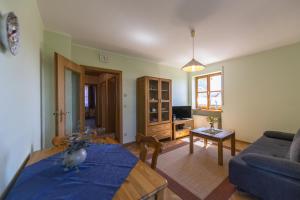 ein Wohnzimmer mit einem Tisch und einem Sofa in der Unterkunft Pension Ferienwohnungen Frey in Tännesberg