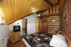 1 dormitorio con 1 cama y TV en una habitación en Pensiunea Lacramioara, en Săcel
