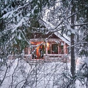 a log cabin in the snow with christmas lights at cottage 118 in Savonlinna