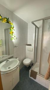 een badkamer met een wastafel, een toilet en een douche bij Pension Rosengarten in Sangerhausen