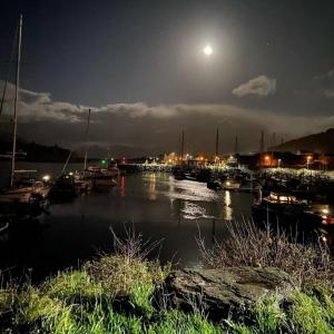 un puerto de noche con barcos en el agua en Skellig Port Accomodation - Sea View Rooms Ensuite, en Portmagee