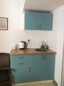 a kitchen with blue cabinets and a sink at Rothschild Tel-Aviv Studio in Tel Aviv
