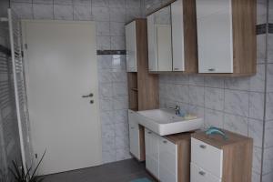 uma pequena casa de banho com um lavatório e um espelho em EKO-Hof em Mitterlabill