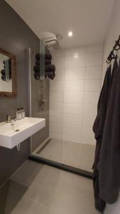 La salle de bains est pourvue d'une douche et d'un lavabo. dans l'établissement t Gasthuys, à Den Oever