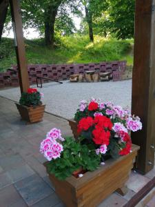 a bunch of flowers in a wooden box at Holiday Home Tržan in Josipdol