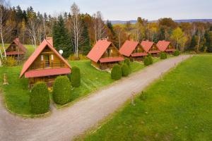 a row of houses with red roofs on a green field at Chaty Lesko-Ski in Lesko