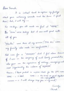 a letter to my mom thanking me for helping her cope at K Hotels Entebbe in Entebbe
