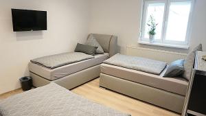 a living room with two beds and a flat screen tv at 6-Bett Wohnung Dettingen #Handwerkerzimmer-Reutlingen-de in Dettingen an der Erms