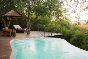 a swimming pool on a deck with a chair and umbrella at Molori Safari in Derdepoort