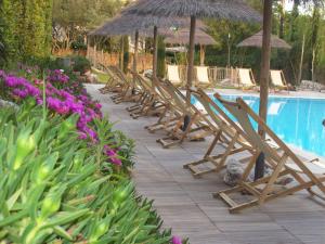 a row of chairs and umbrellas next to a swimming pool at Villa Terme Di Caldana B&B in Venturina Terme
