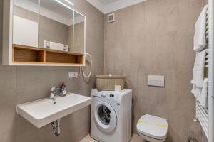 a bathroom with a washing machine and a sink at Dream Apartments Brasov in Braşov +68 photos