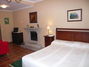 a bedroom with a bed and a fireplace at Apartamentos Casa Germana in Tapia de Casariego