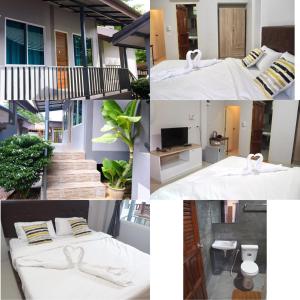 a collage of photos of a bedroom and a bed at ดอยผาหมอก โฮมสเตย์ น่าน 