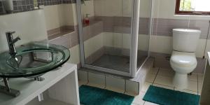 a bathroom with a glass sink and a toilet at a Vue Guesthouse in Somerset West