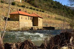 a building on the side of a river with water at Quinta de Recião in Lamego