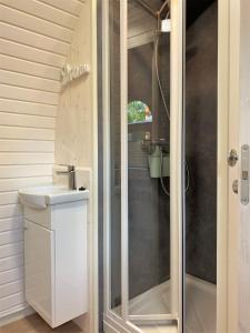 La salle de bains est pourvue d'une douche, de toilettes et d'un lavabo. dans l'établissement Panorama Iglu Romantik & Family, à Parey