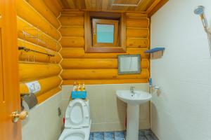 a bathroom with a toilet and a sink at Jungmun Log Pension & Resort in Seogwipo +85 photos