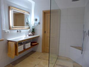 La salle de bains est pourvue d'un lavabo et d'une douche en verre. dans l'établissement Ferienwohnung Schreiner-Viehhausen, à Grassau