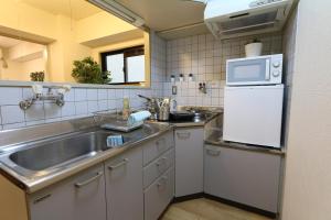 une cuisine avec un évier et un micro-ondes dans l'établissement Elizabeth Garden II, à Osaka