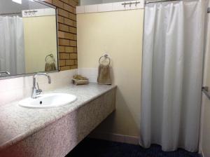 a bathroom with a sink and a shower curtain at Winchester Motel in Moree +25 photos