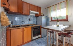 uma cozinha com armários de madeira e um balcão com uma mesa em Apartment Bilić em Klenovica