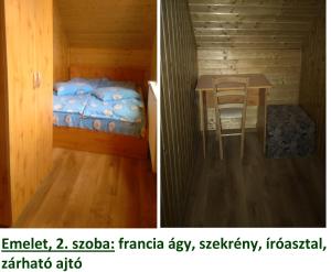 a room with a table and a bed and a table and chair at Hargitafürdői Vendégház in Harghita-Băi